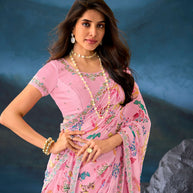 Pink floral embroidered georgette saree festive wear