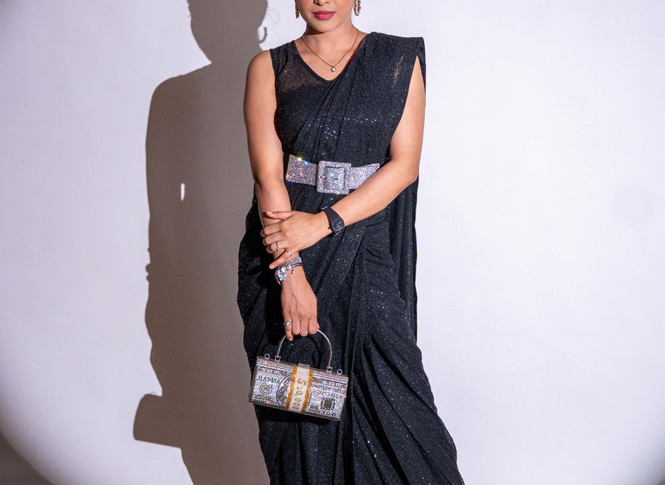 Black sequin embroidered georgette saree party wear