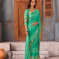 Green geometric and floral printed chiffon saree festive wear