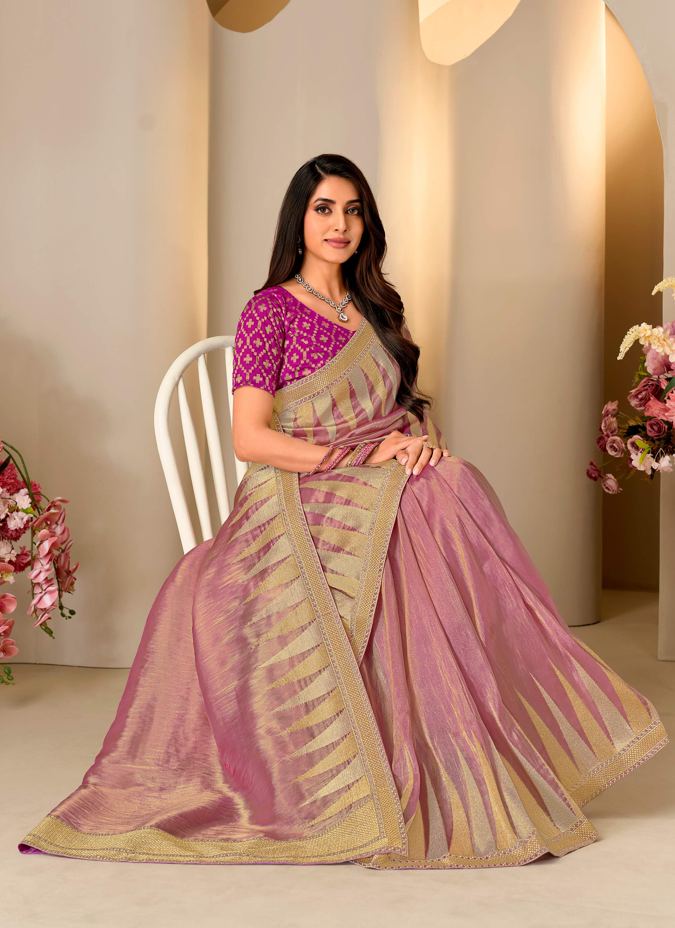 Pink embroidered silk blend saree party wear