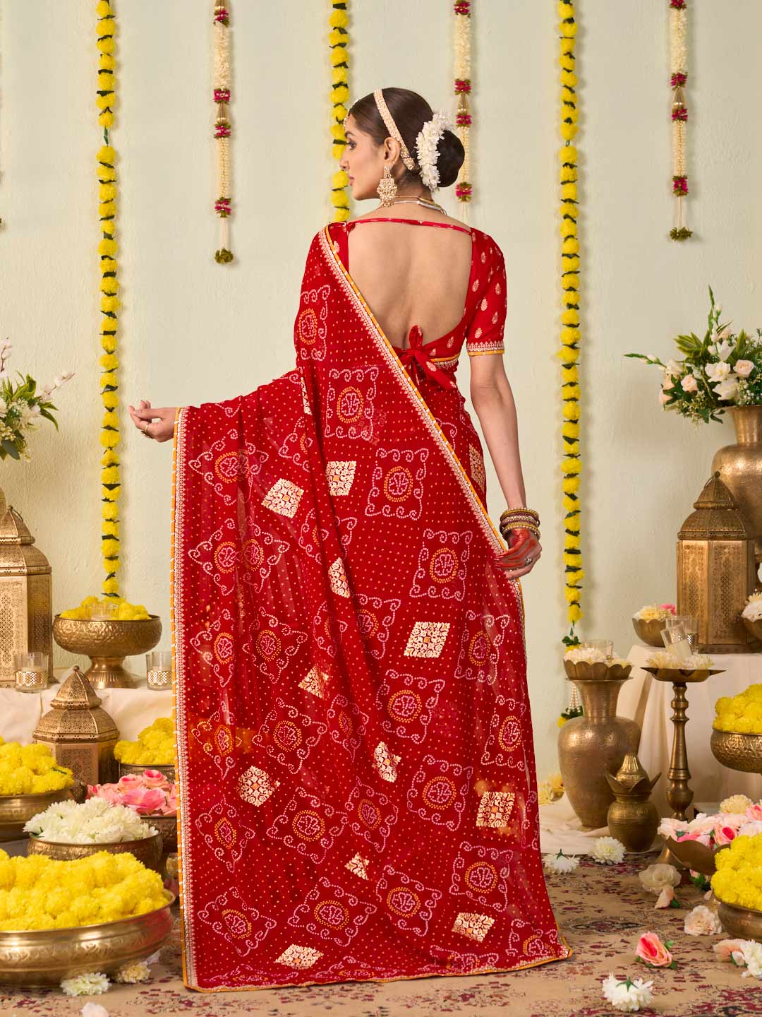 Red bandhani printed georgette saree party wear