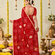Red bandhani printed georgette saree party wear