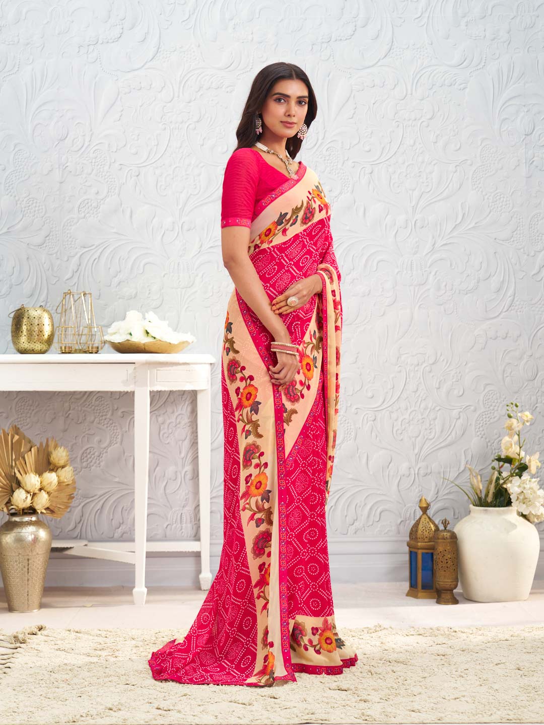 Pink floral printed georgette saree casual wear