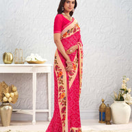 Pink floral printed georgette saree casual wear