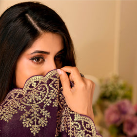 Wine floral embroidered tissue organza saree wedding wear
