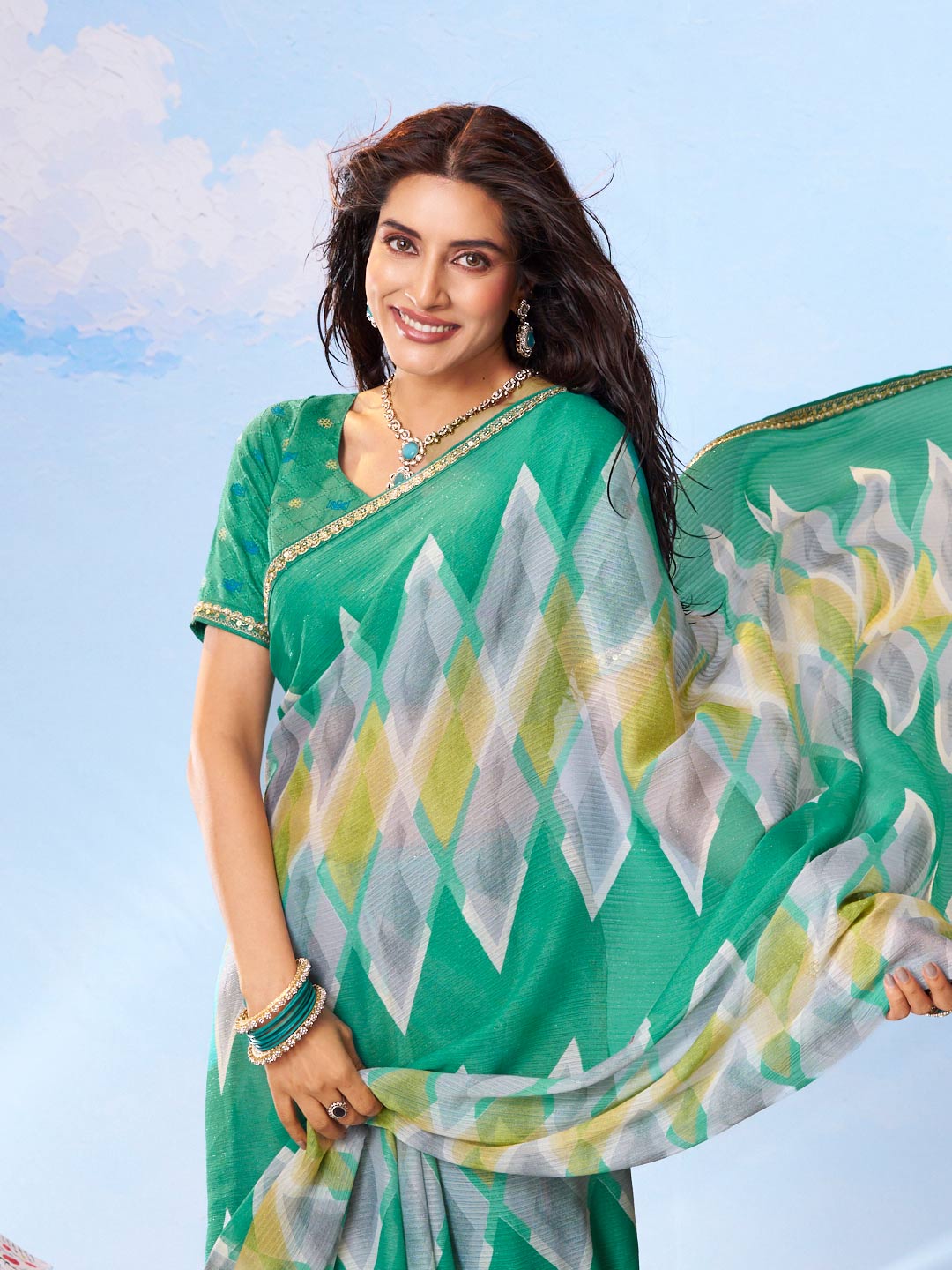 Green woven patterned chiffon saree ethnic wear