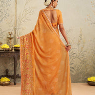 Orange floral embroidered chiffon saree festive wear