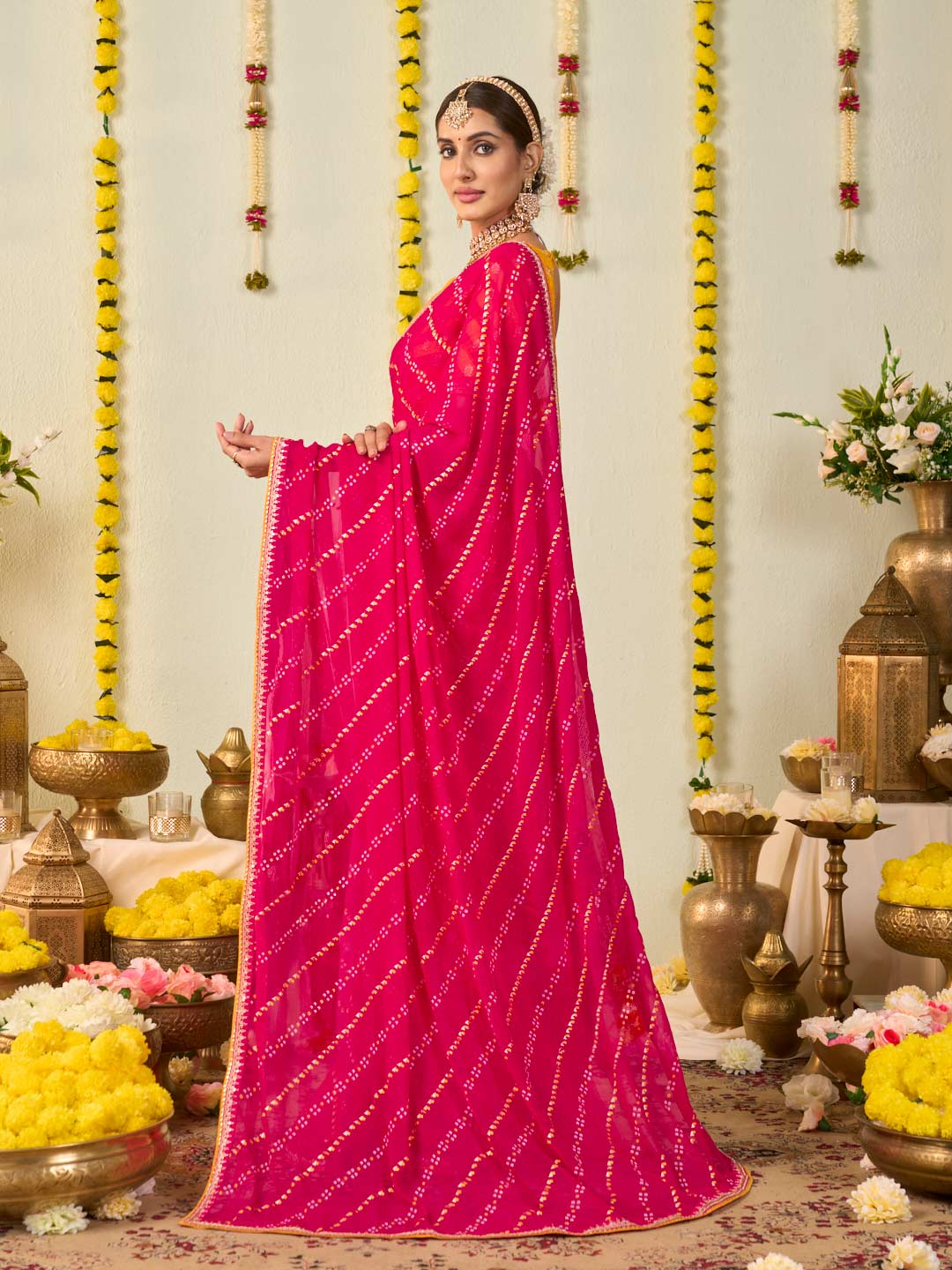 Pink bandhani printed georgette saree daily wear