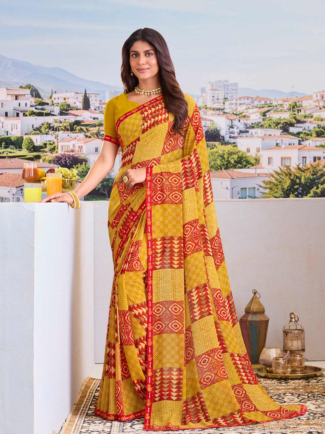 Mustard modern print saree