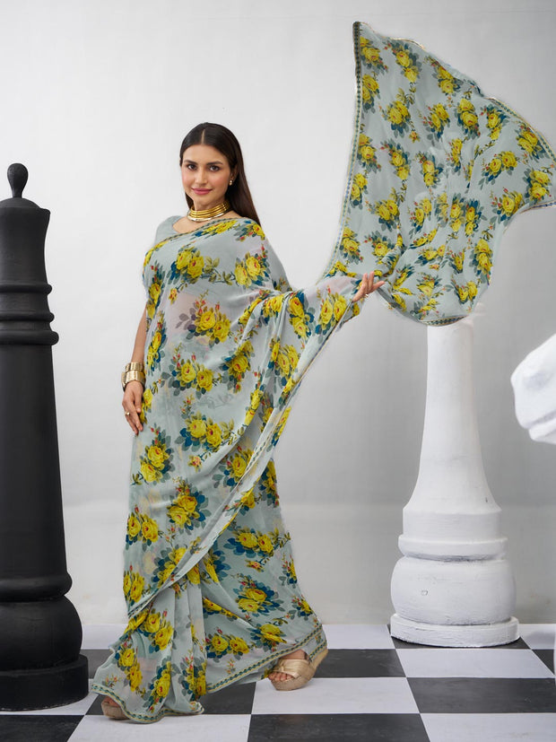 Grey floral saree lightweight look