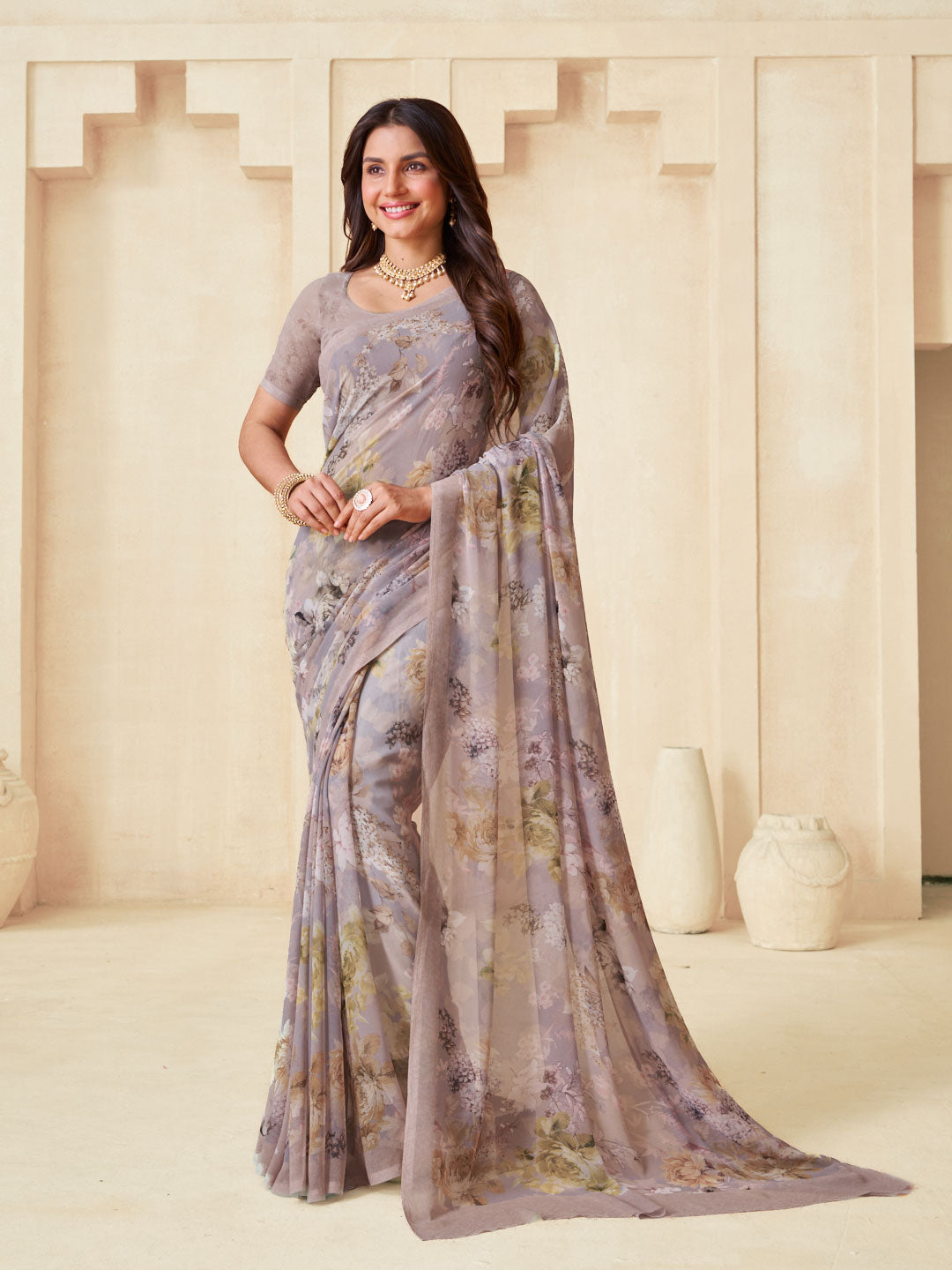 Brown floral printed georgette saree daily wear