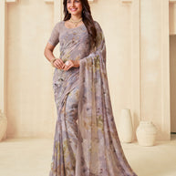Brown floral printed georgette saree daily wear