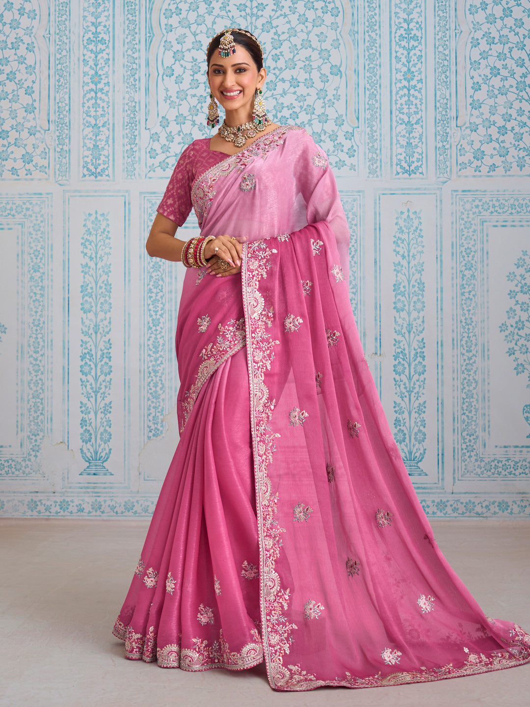 Laxmipati Aanya Pink Chiffon Embroidered Saree