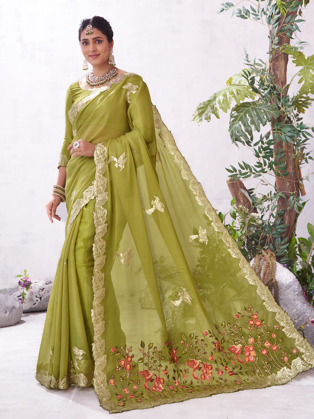 Olive green bird floral embroidered organza saree unique style