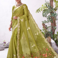 Olive green bird floral embroidered organza saree unique style