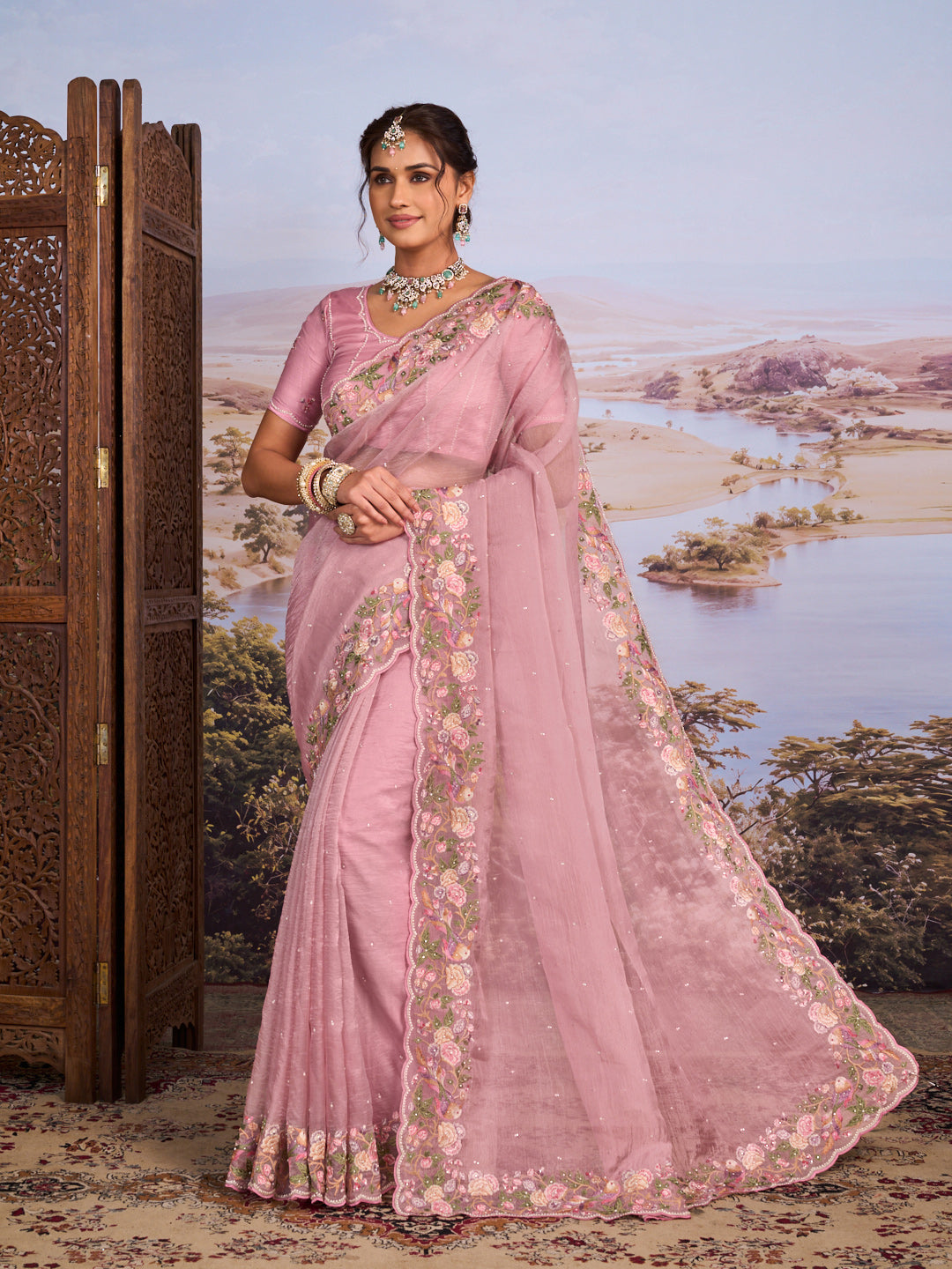 Pink floral embroidered tissue organza saree festive wear