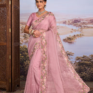 Pink floral embroidered tissue organza saree festive wear