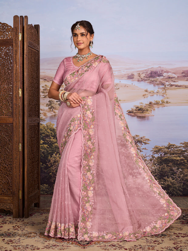 Pink floral embroidered tissue organza saree festive wear