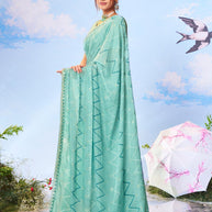Blue embellished geometric printed silk blend saree party wear 