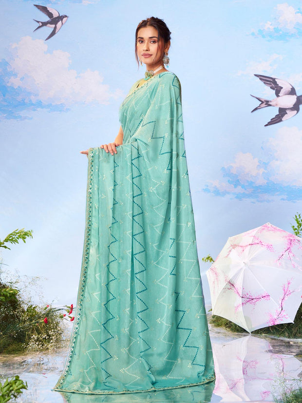 Blue embellished geometric printed silk blend saree party wear 