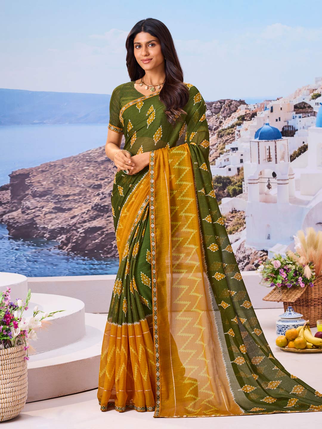 Green geometric printed chiffon saree trendy style