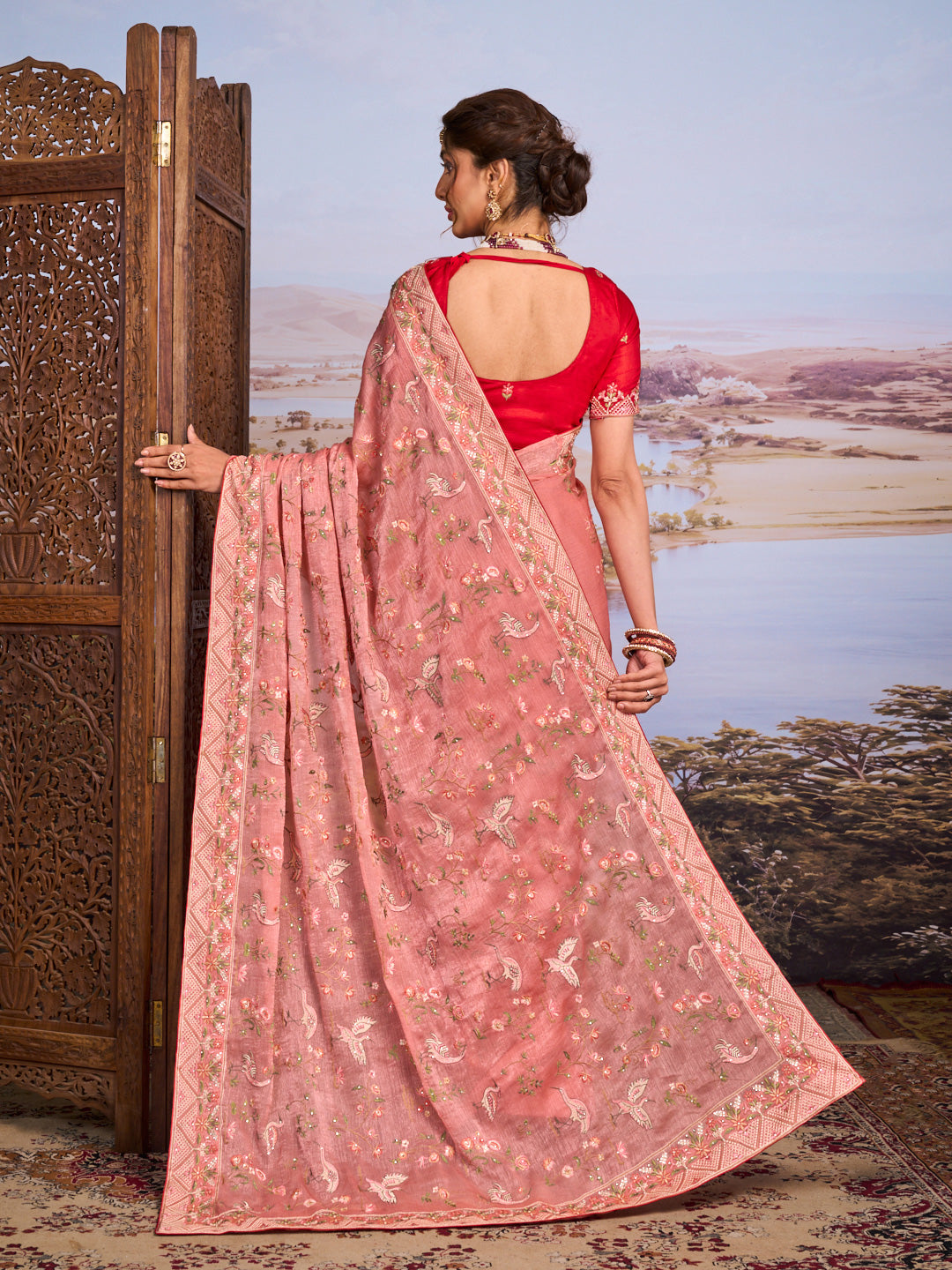 Pink floral embroidered chiffon saree party wear