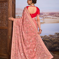 Pink floral embroidered chiffon saree party wear