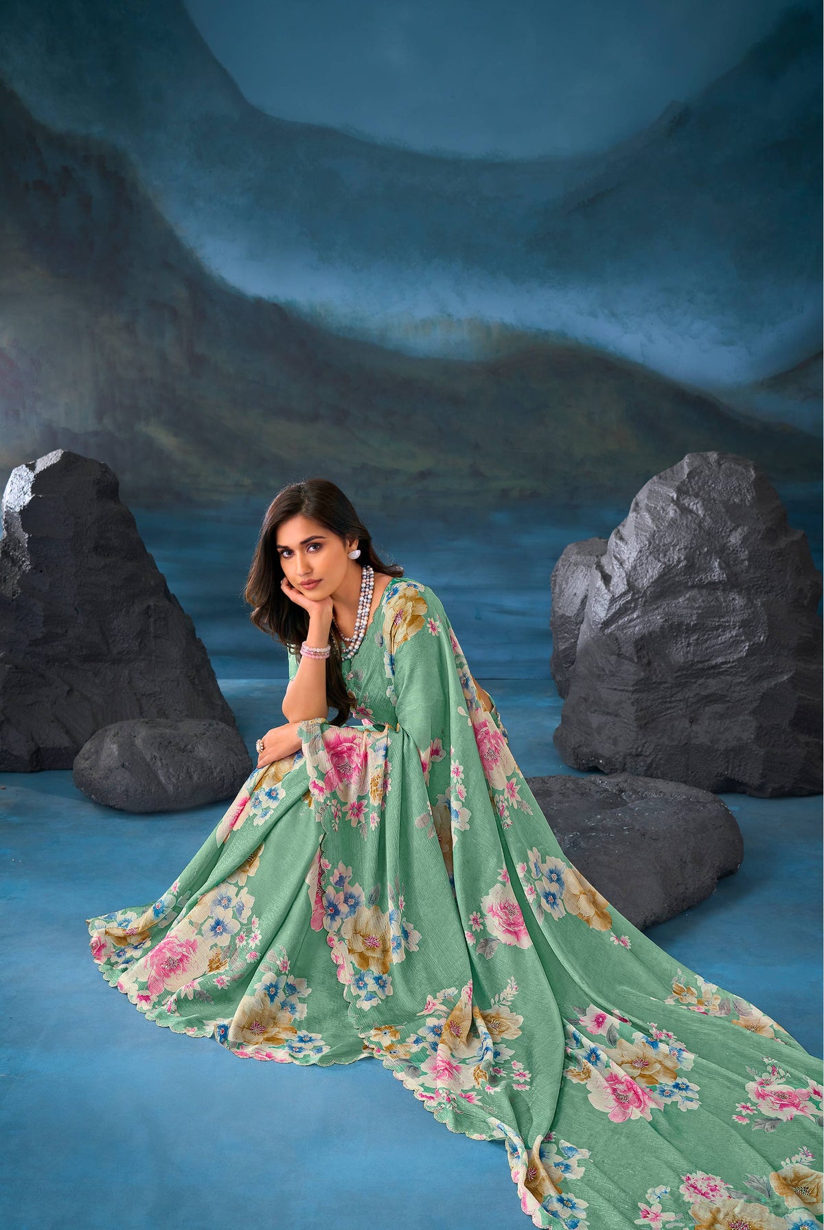 Green floral embroidered chiffon saree party wear
