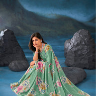 Green floral embroidered chiffon saree party wear