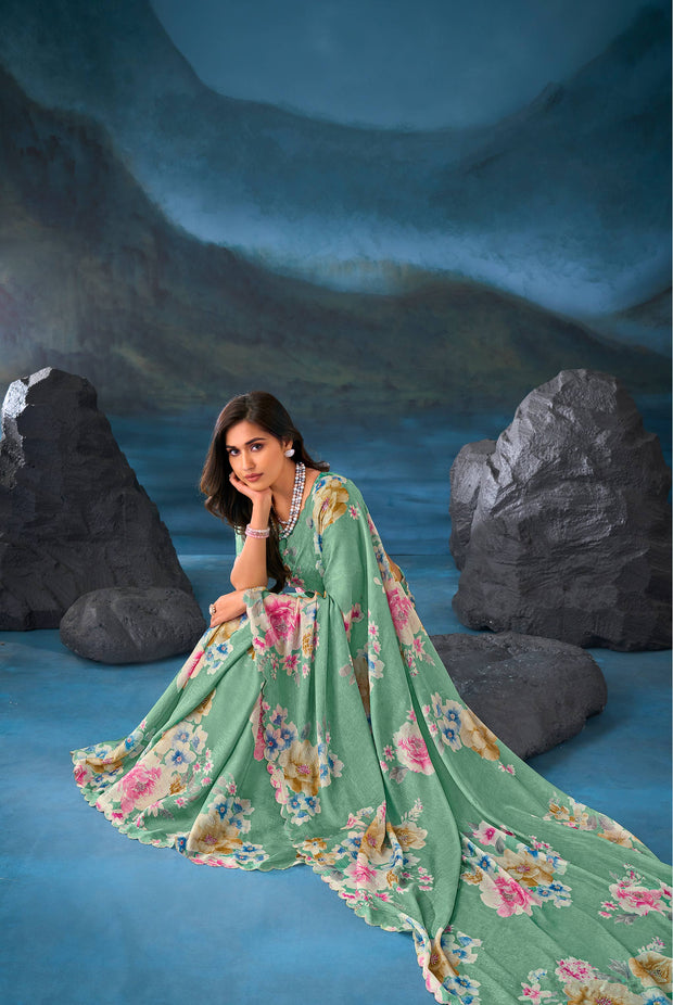 Green floral embroidered chiffon saree party wear
