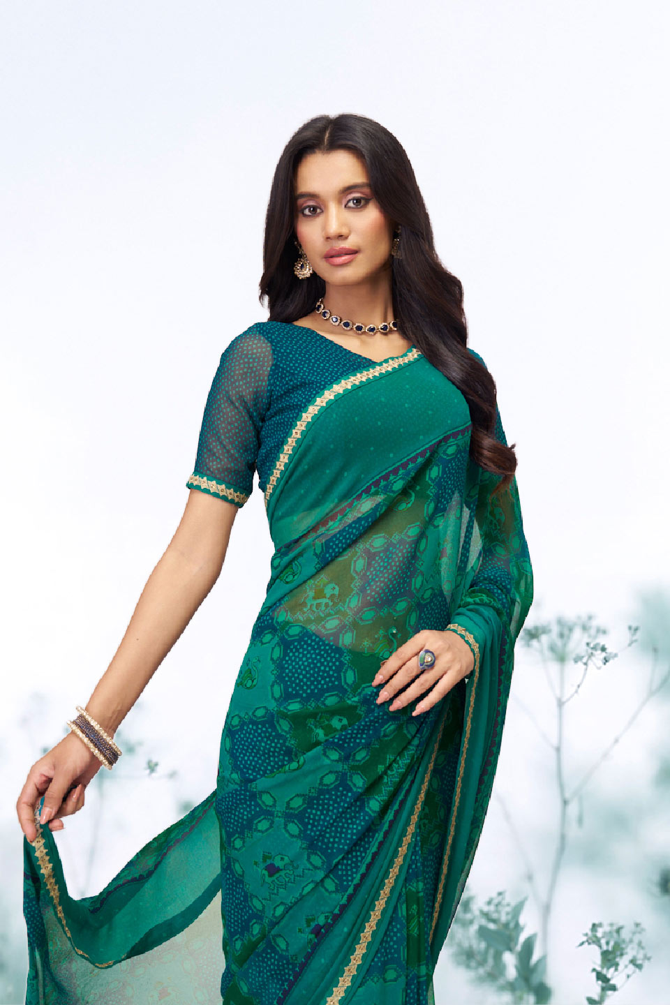 Green floral printed georgette saree party wear