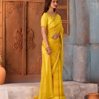 Yellow floral printed georgette saree casual wear