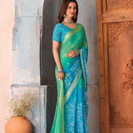 Blue floral printed chiffon saree wedding wear