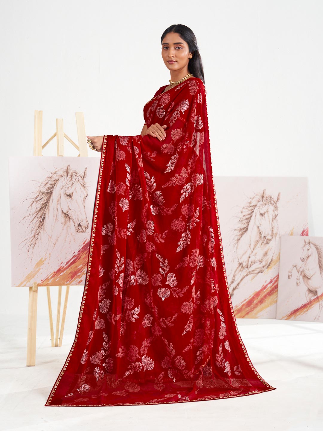 Laxmipati Murli Red Chiffon Floral Saree