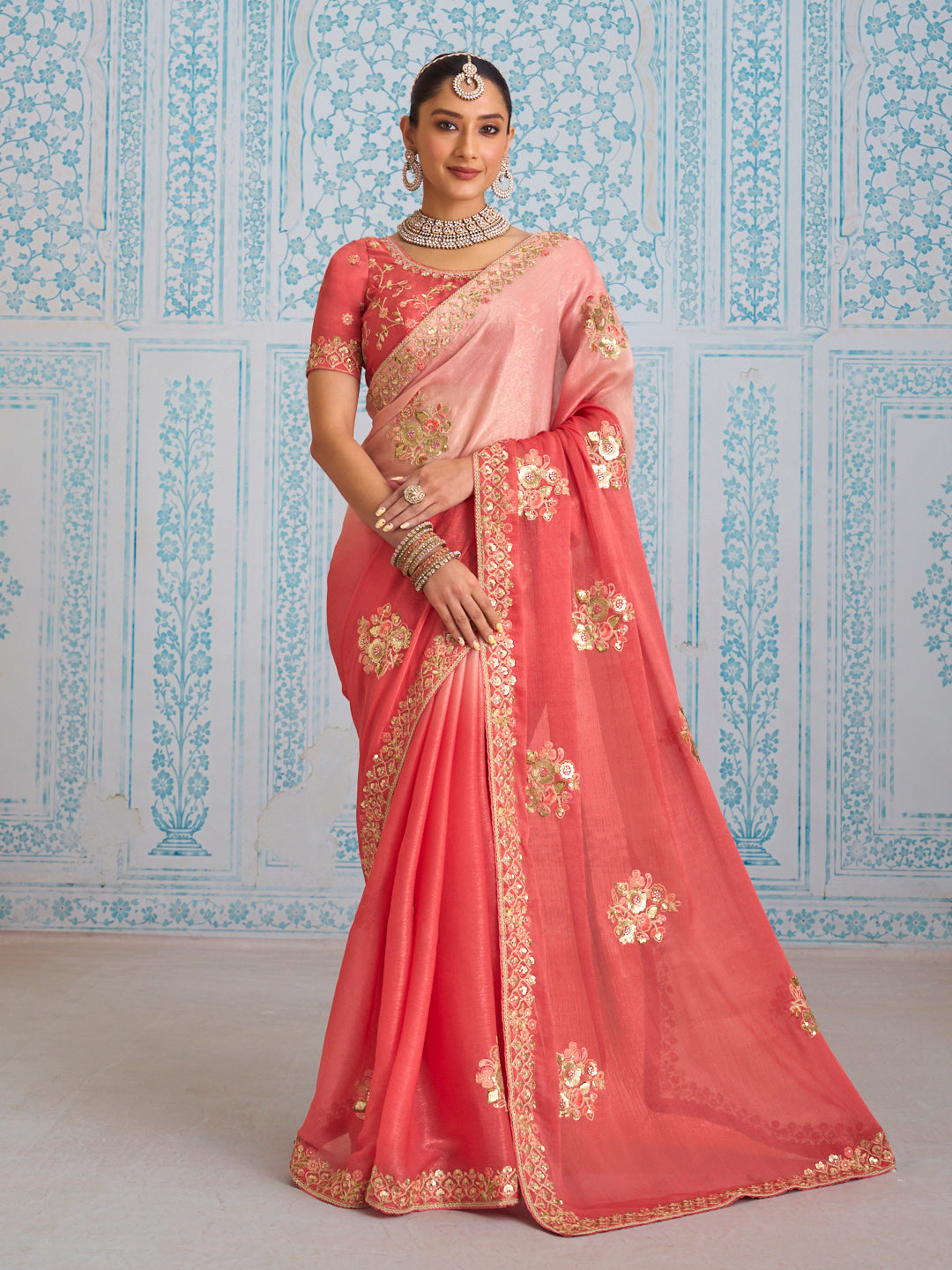 Laxmipati Aanya Peach Chiffon Embroidered Saree