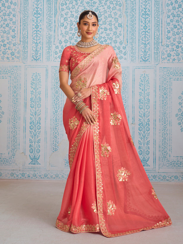 Laxmipati Aanya Peach Chiffon Embroidered Saree