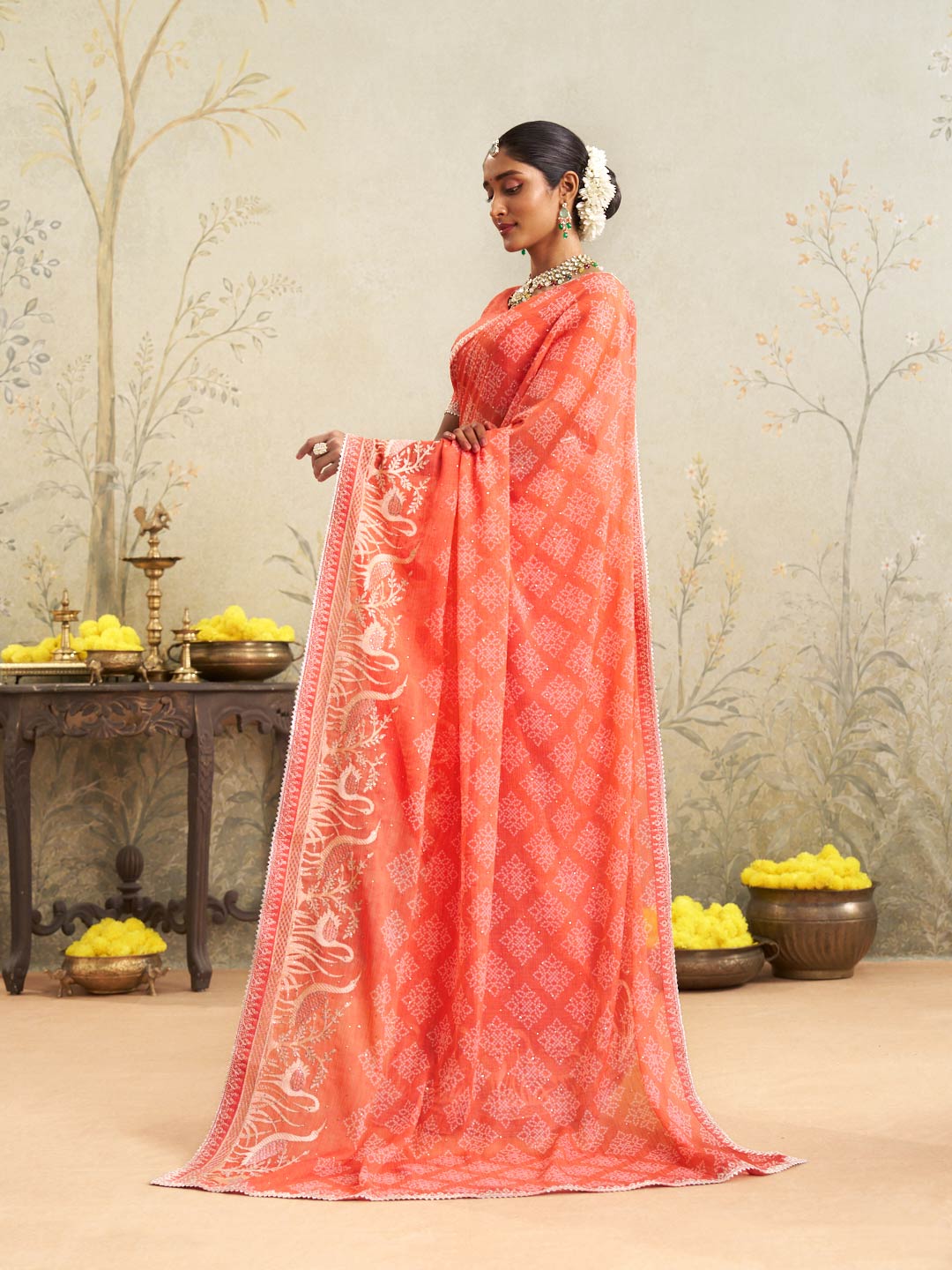 Orange embroidered chiffon saree daily wear