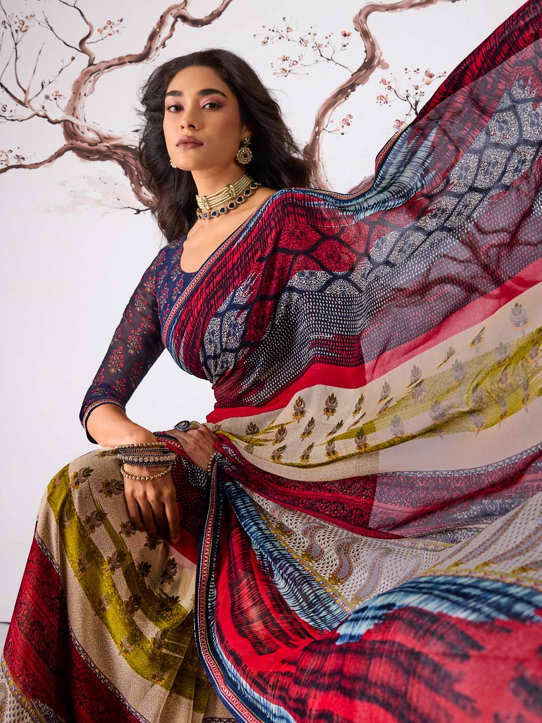 Multicolor floral printed georgette saree party wear
