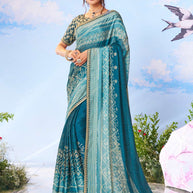 Blue geometric printed silk blend saree festive wear
