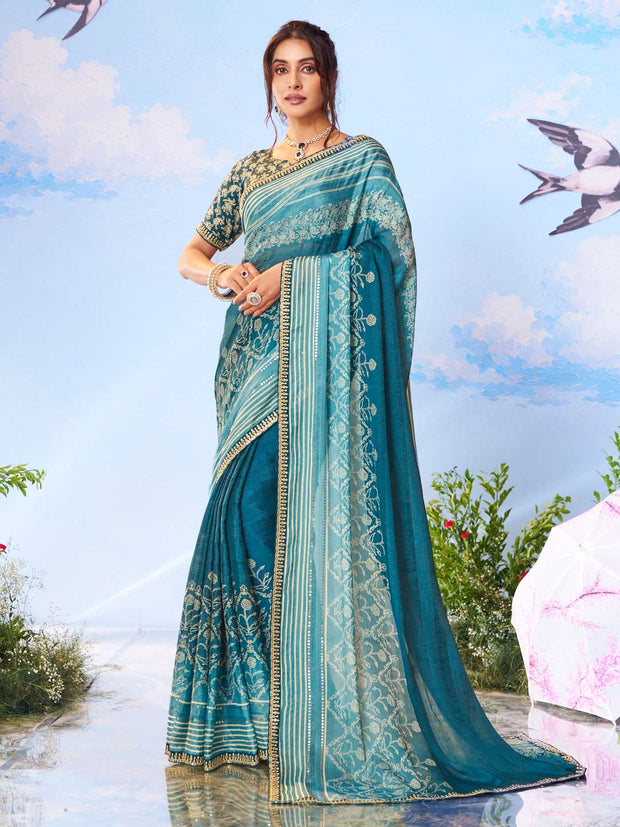 Blue geometric printed silk blend saree festive wear