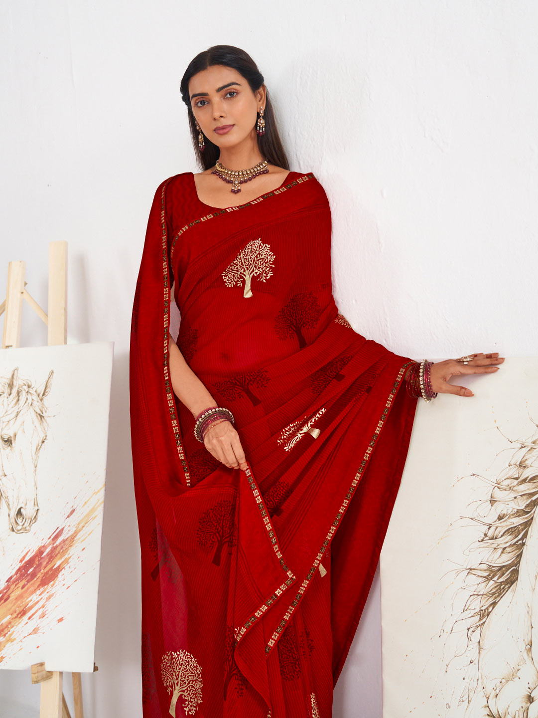 Laxmipati Murli Red Georgette Floral Saree