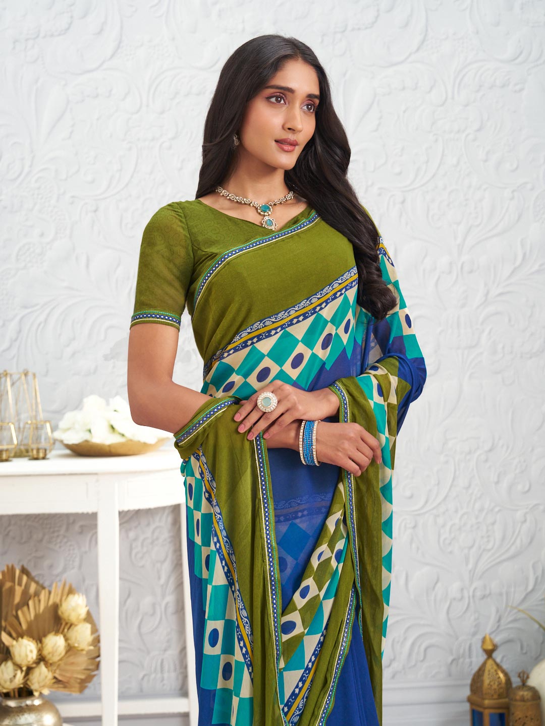 Blue geometric printed georgette saree wedding wear