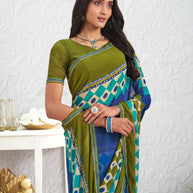 Blue geometric printed georgette saree wedding wear