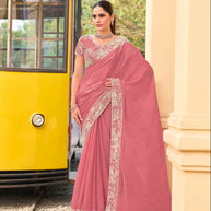 Pink chiffon floral embroidered border saree