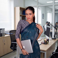 Blue geometric printed cotton blend saree formal wear