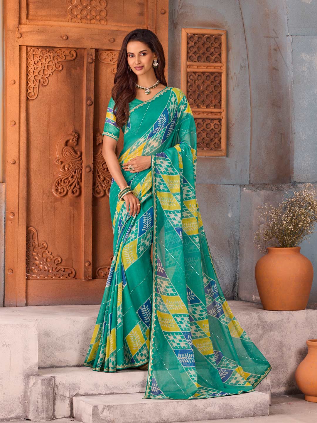 Blue sequined geometric printed chiffon saree party wear
