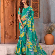 Blue sequined geometric printed chiffon saree party wear