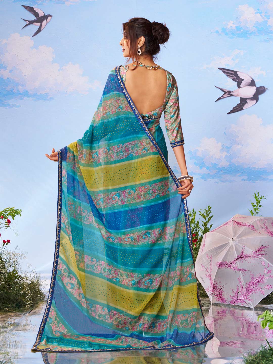 Blue solid chiffon saree office wear
