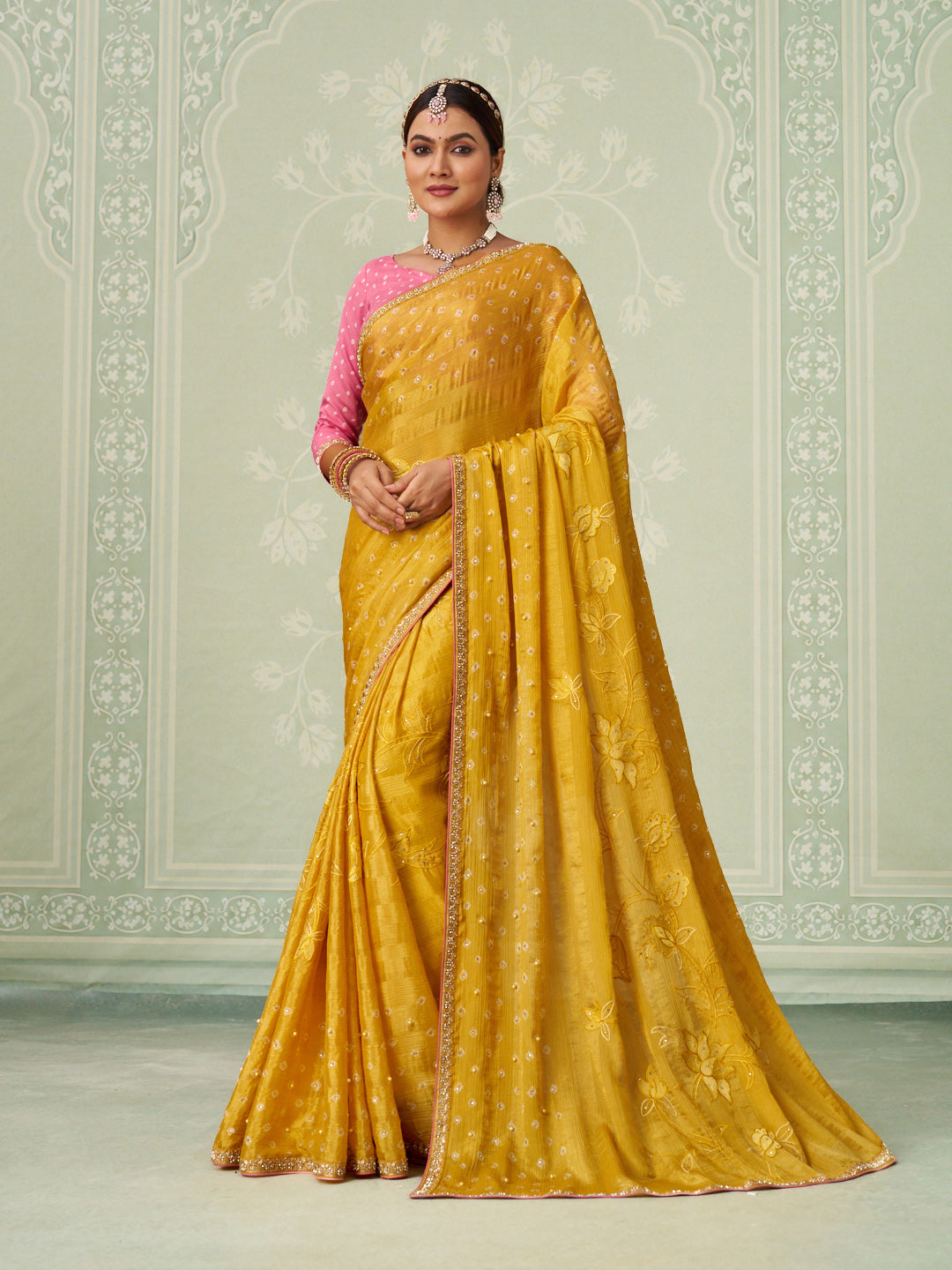 Yellow floral embroidered chiffon saree festive wear