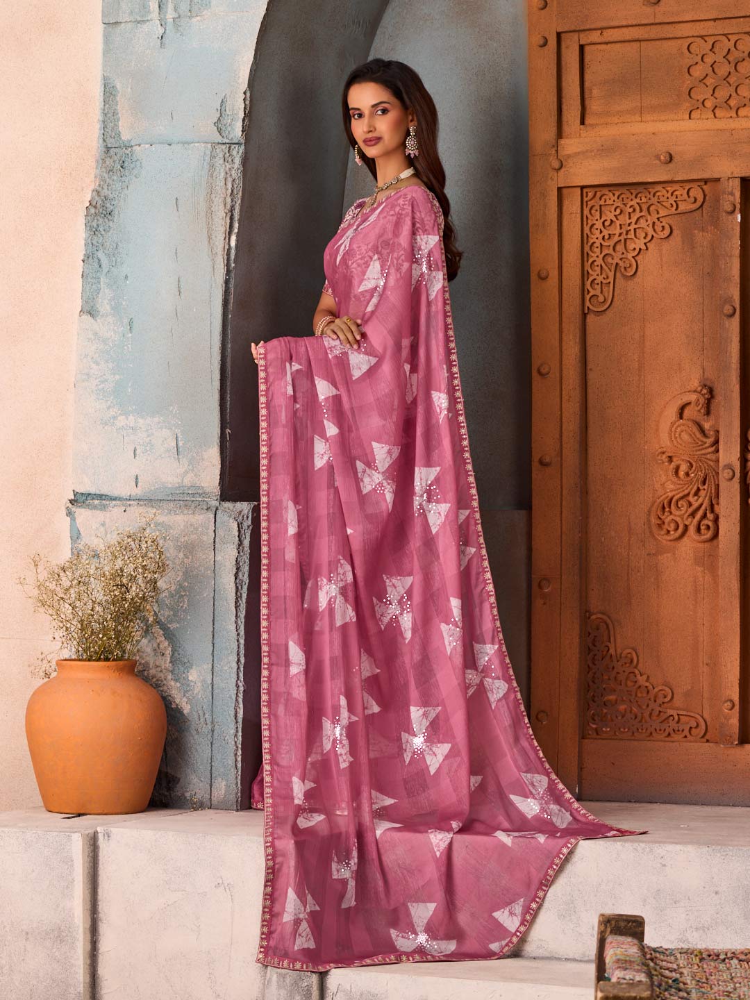 Pink geometric printed chiffon saree party wear